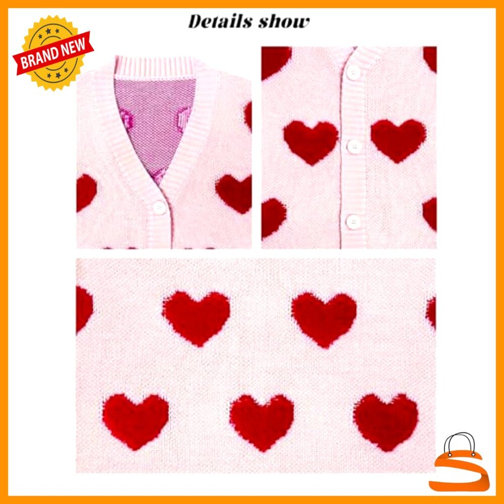 Oversized Cardigan Sweater Preppy Y2K Knit Button Up Heart Pattern Chic - Picture 7 of 7